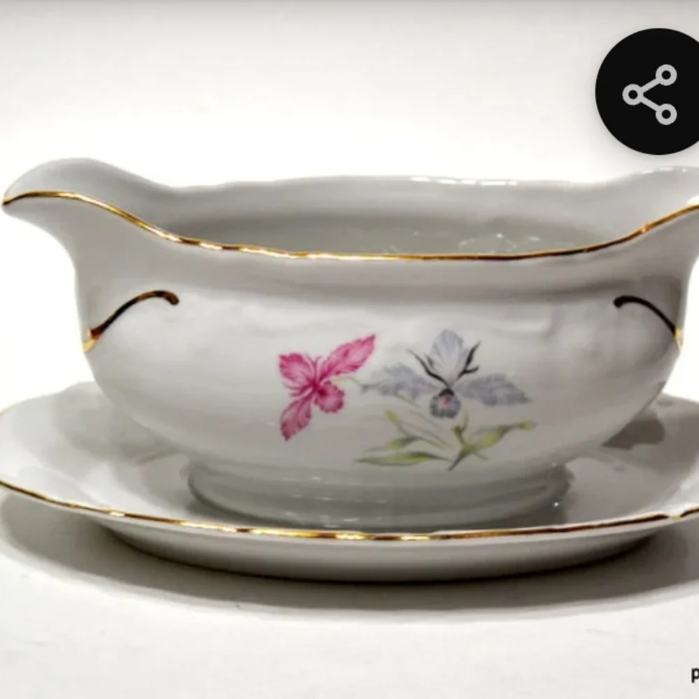 Vintage WINTERLING Orchid Gravy Boat Attached Underplate Pink Gray Floral